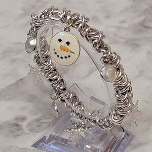 Christmas Charm Bracelet Snowman Snowflake Stretch Silver Tone Chainmail Holiday